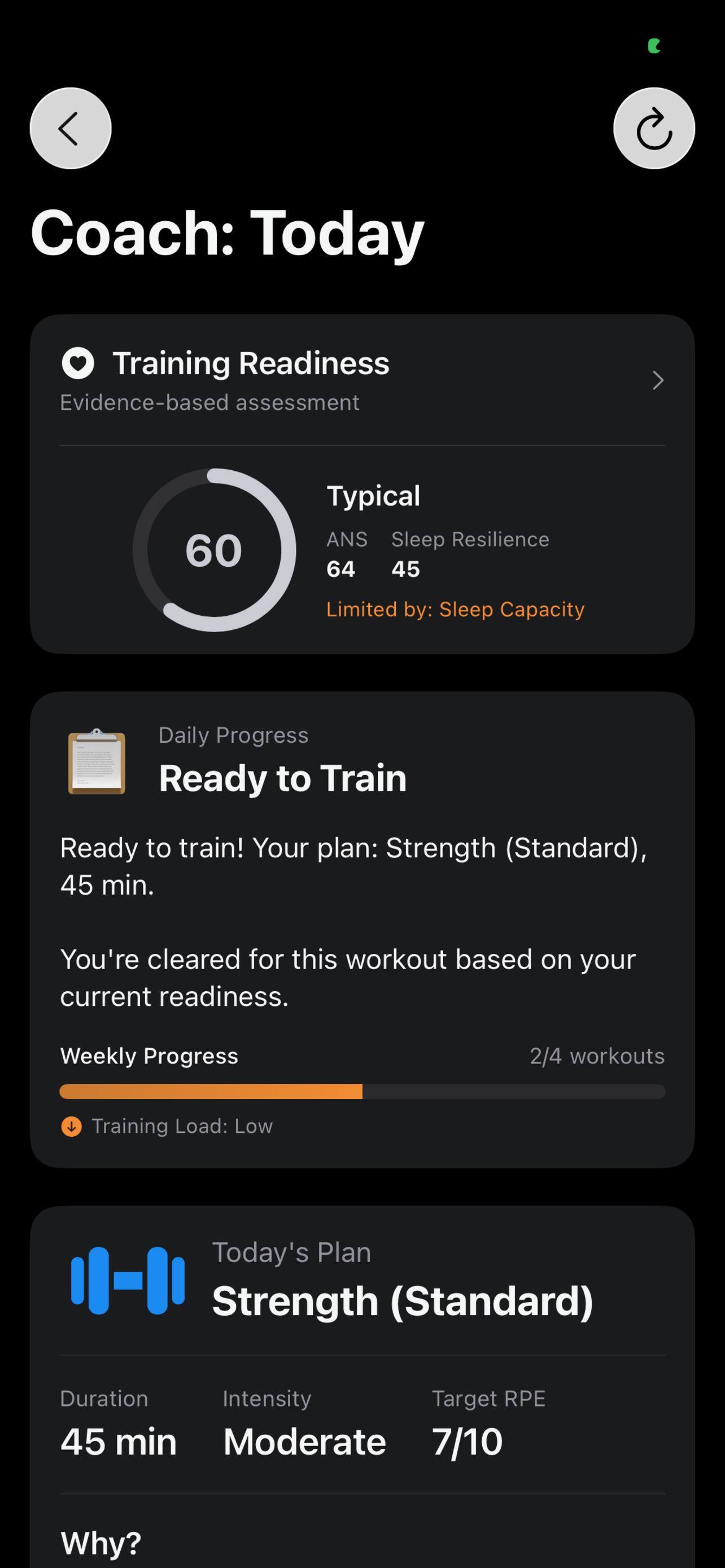 Coach Today screen with daily training recommendations