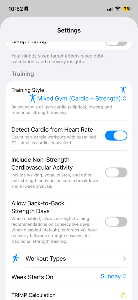 Settings screen showing mixed gym training style and cardio-strength options