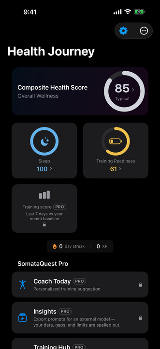 Free Home overview with readiness and sleep cards plus locked Pro Training score without a number