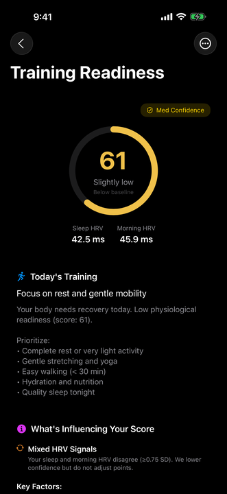 Free Readiness detail showing score 61 Slightly low with matching recovery guidance from HRV and sleep signals