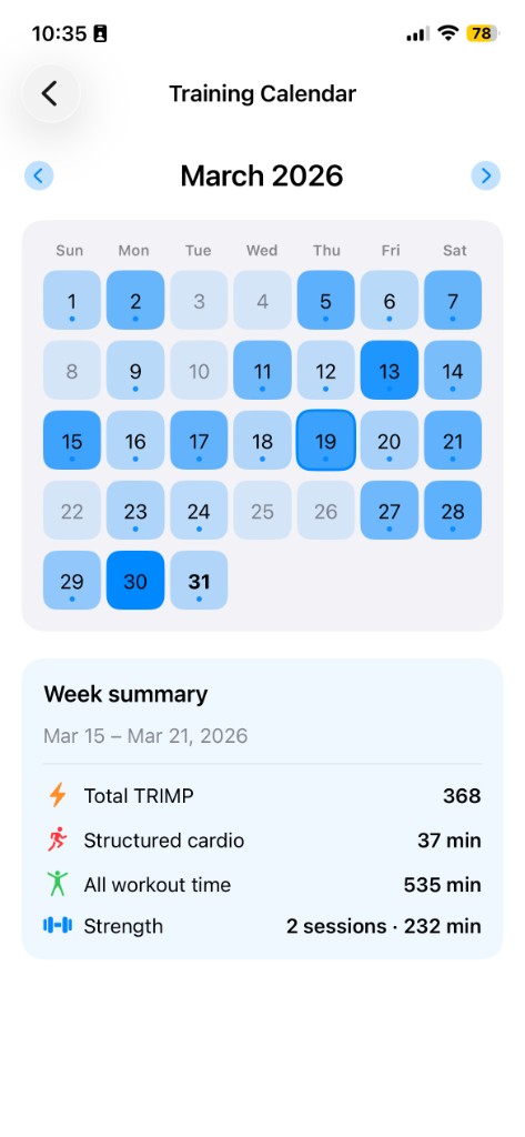 Training calendar and week summary