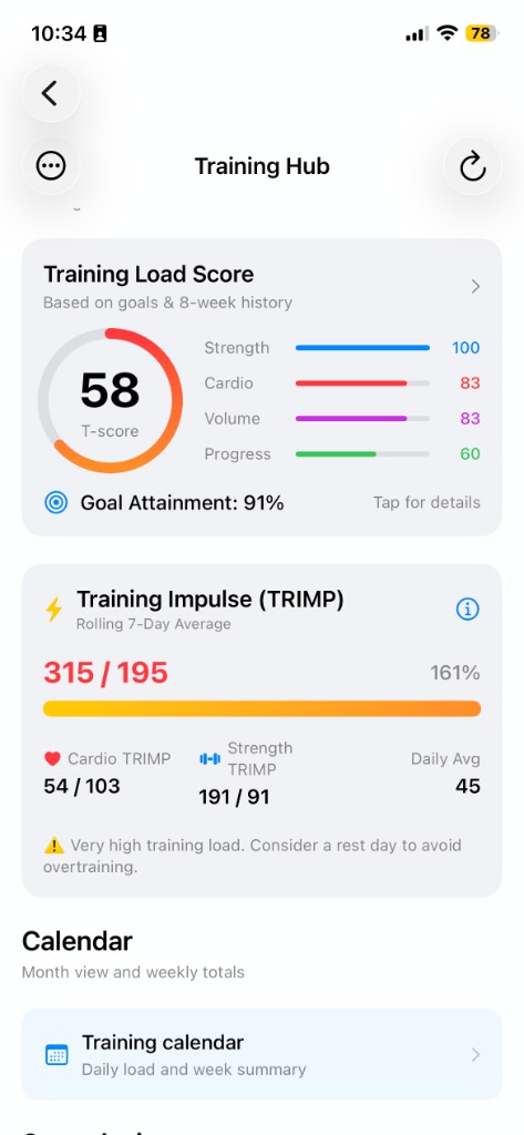 Training Hub with load score and TRIMP